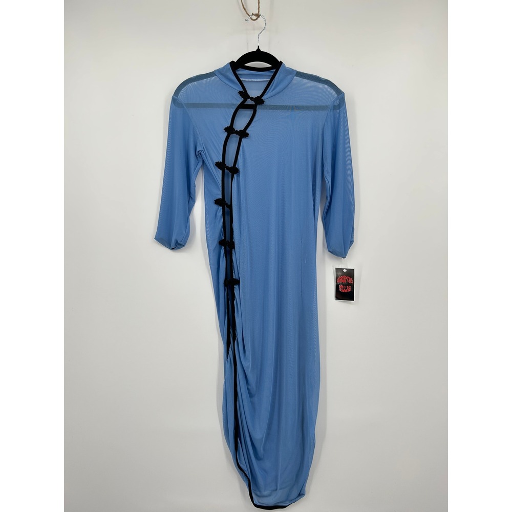 Blue Sheer Mesh Frog Knot Asymmetric Midi Dress Womens Small - Picture 11 of 12